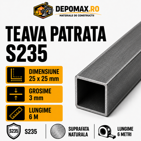 Teava patrata 25 x 25 x 3 mm, 6 metri